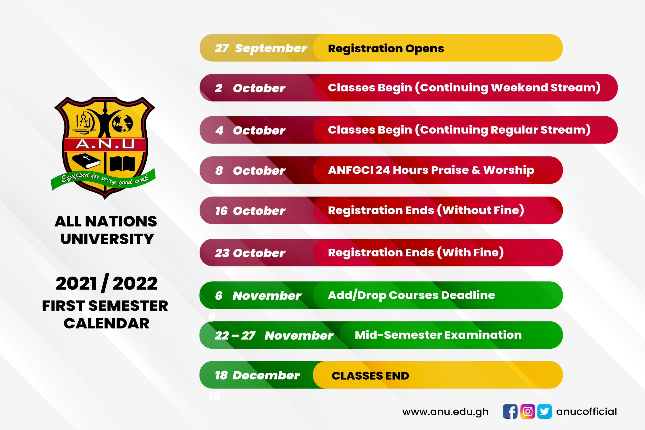 2021/2022 FIRST SEMESTER CALENDAR All Nations University